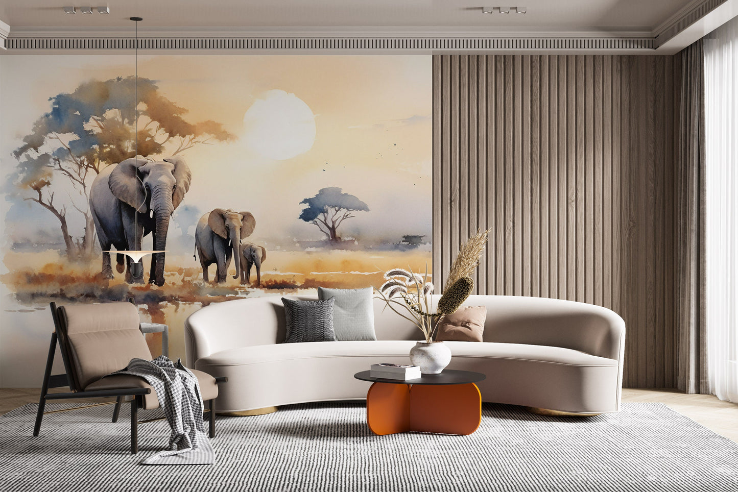 Watercolour Elephant Mural | Removable Safari Wallpaper | Elephant Mural for Living Room | Safari Elephant Mural | Watercolour Animals Mural