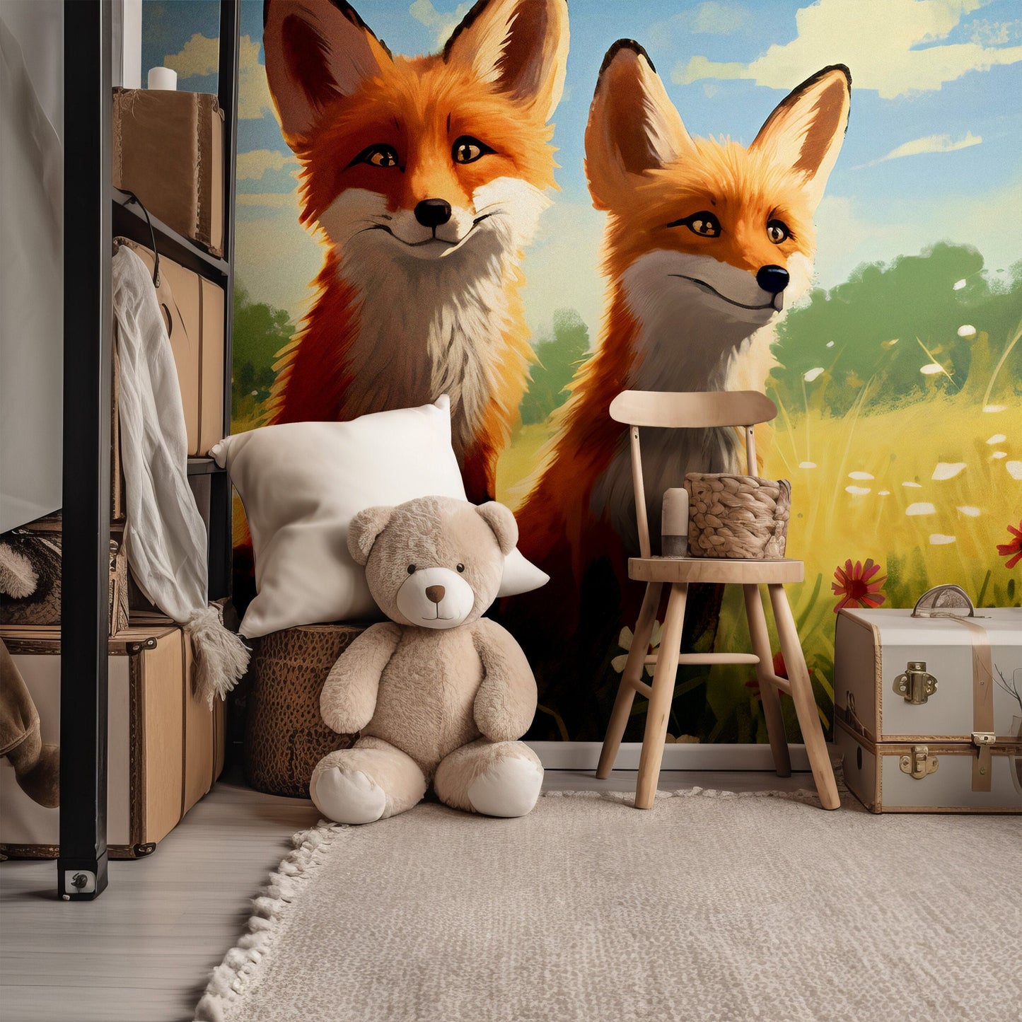 Foxes Mural for Nursery | Foxes Wallpaper | Animals Peel and Stick Mural for Nursery | Cute Foxes Mural | Cute Animals Removable Mural