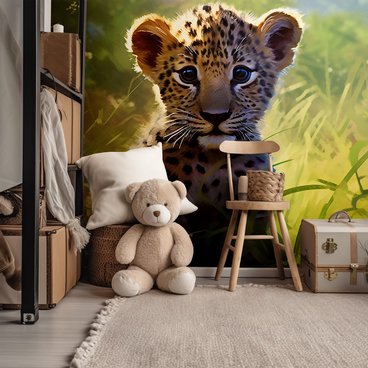 Leopard Wallpaper for Kids Room | Cute Animal Mural for Nursery | Nursery Eco-friendly Mural | Leopard Wallpaper | Watercolour Animal Mural