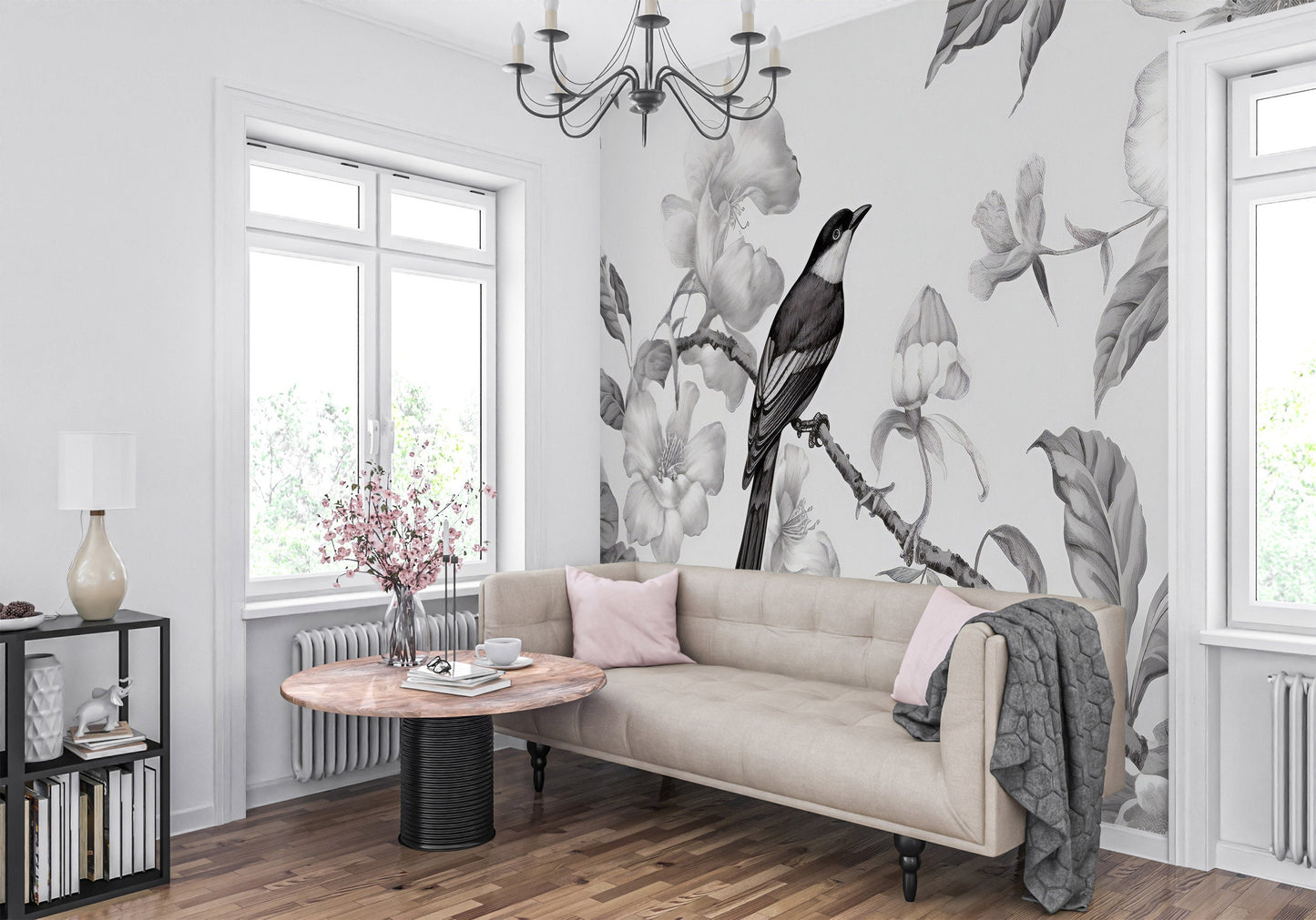 Chinoiserie Floral Mural | Monochromic Chinoiserie Removable Wallpaper | Chinoiserie Mural with Bird | Chinoiserie Wallpaper Peel & Stick