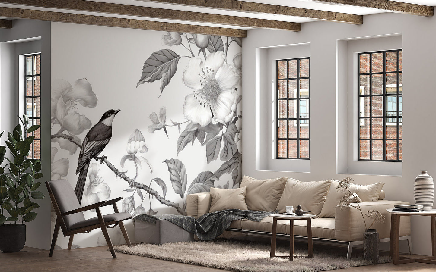 Chinoiserie Floral Mural | Monochromic Chinoiserie Removable Wallpaper | Chinoiserie Mural with Bird | Chinoiserie Wallpaper Peel & Stick