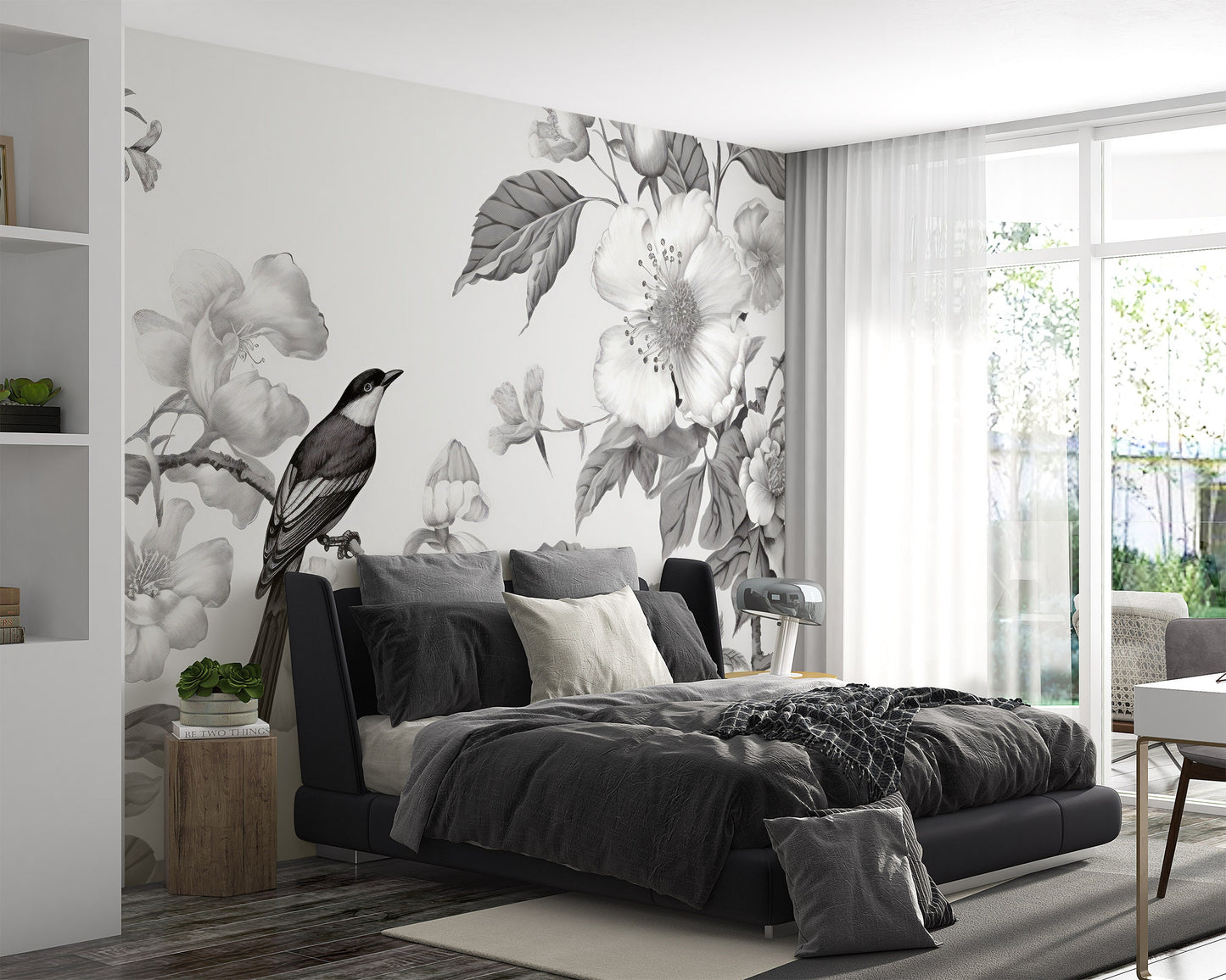 Chinoiserie Floral Mural | Monochromic Chinoiserie Removable Wallpaper | Chinoiserie Mural with Bird | Chinoiserie Wallpaper Peel & Stick