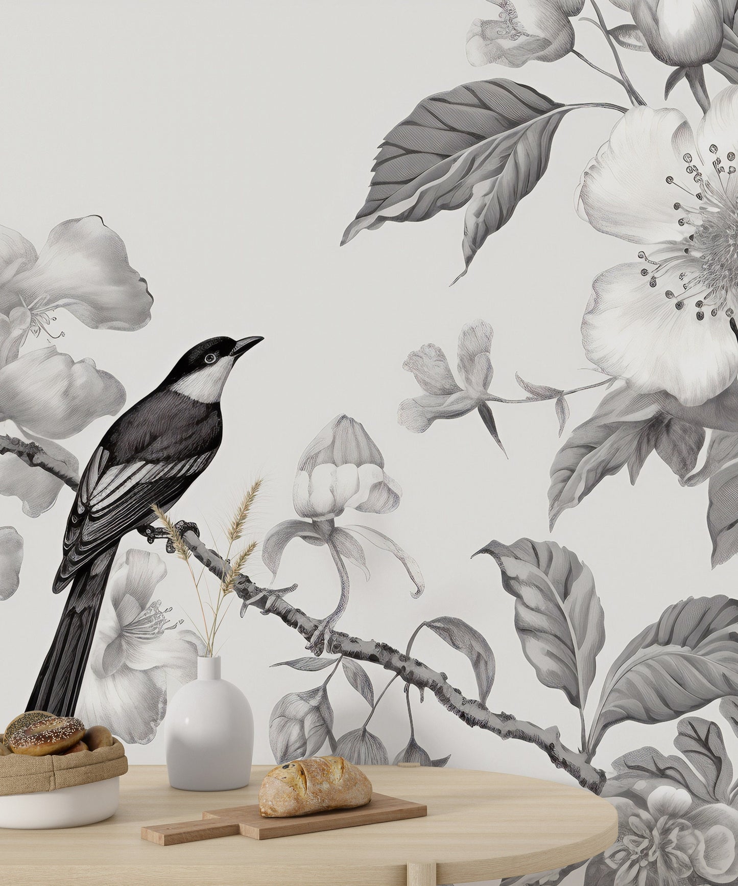 Chinoiserie Floral Mural | Monochromic Chinoiserie Removable Wallpaper | Chinoiserie Mural with Bird | Chinoiserie Wallpaper Peel & Stick