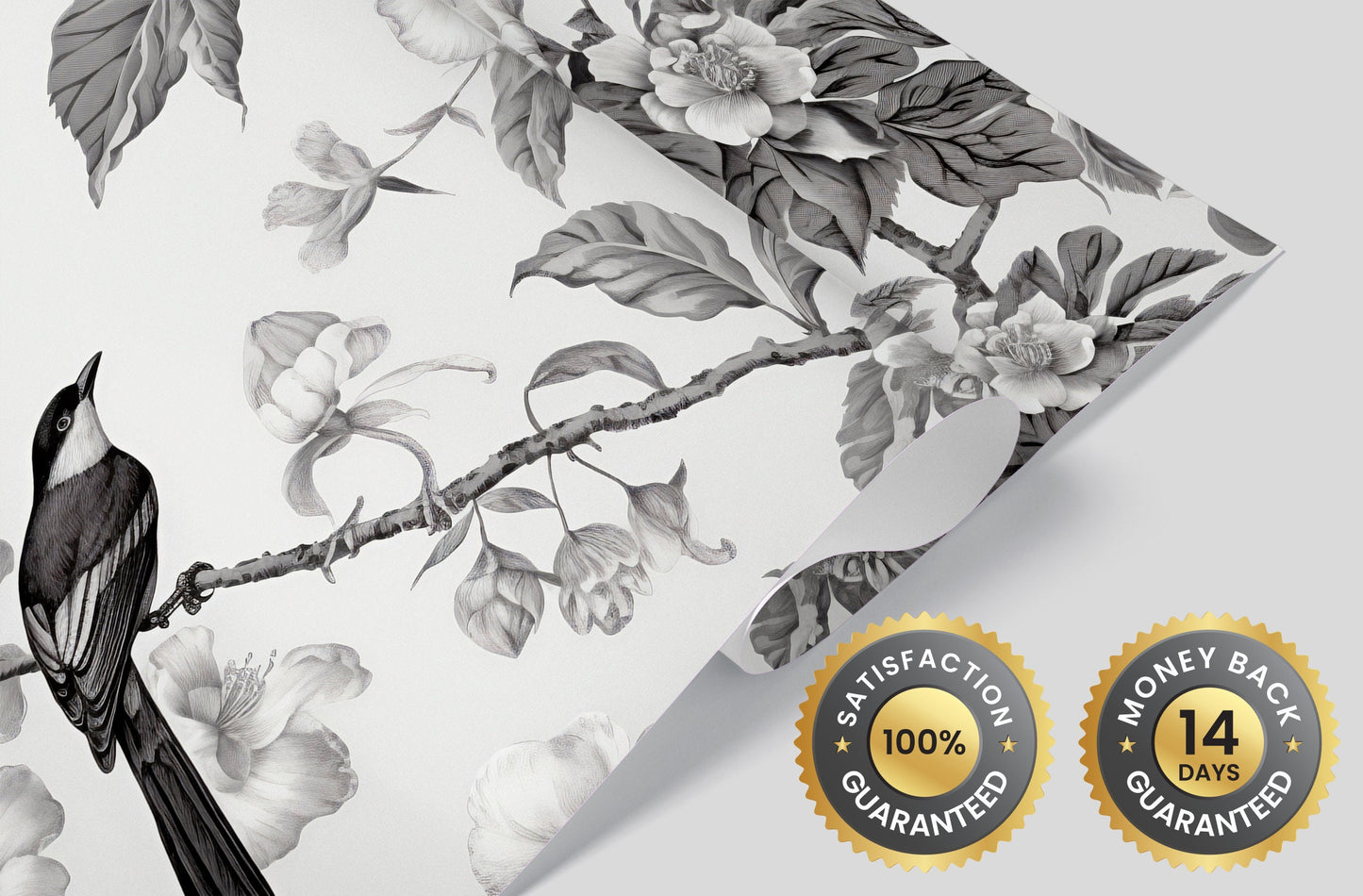 Chinoiserie Floral Mural | Monochromic Chinoiserie Removable Wallpaper | Chinoiserie Mural with Bird | Chinoiserie Wallpaper Peel & Stick