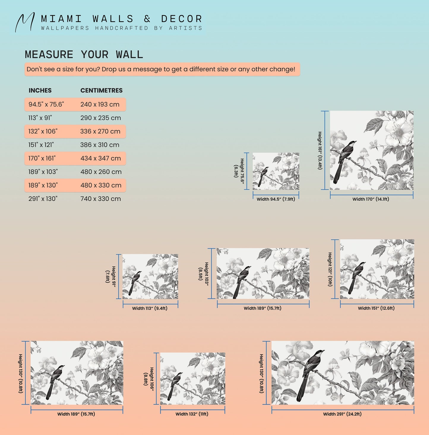 Chinoiserie Floral Mural | Monochromic Chinoiserie Removable Wallpaper | Chinoiserie Mural with Bird | Chinoiserie Wallpaper Peel & Stick