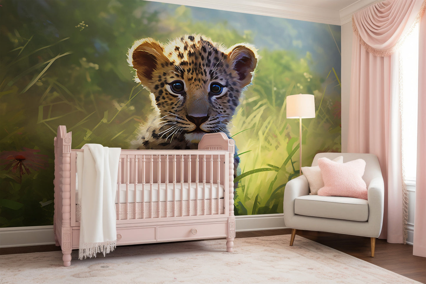 Nursery Leopard Wall Mural | Nursery Safari Animal Wallpaper | Kids Room Safari Wall Mural | Kids Room Watercolor Animal Wall Mural