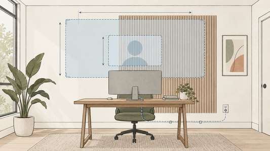 Editorial planning illustration of a home-office wall with a camera crop, panel field, desk, and cable route