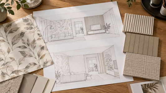 Wallpaper and neutral relief samples arranged beside two room elevation sketches on a wood table