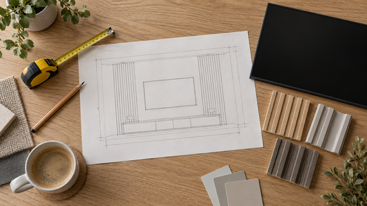 Generic panel profile samples beside an unlabeled TV-wall elevation, tape measure and pencil