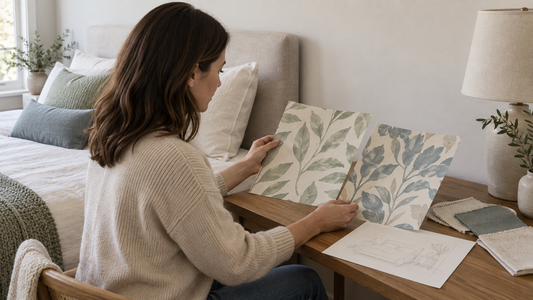Adult comparing two wallpaper samples beside a bed and a plain accent wall