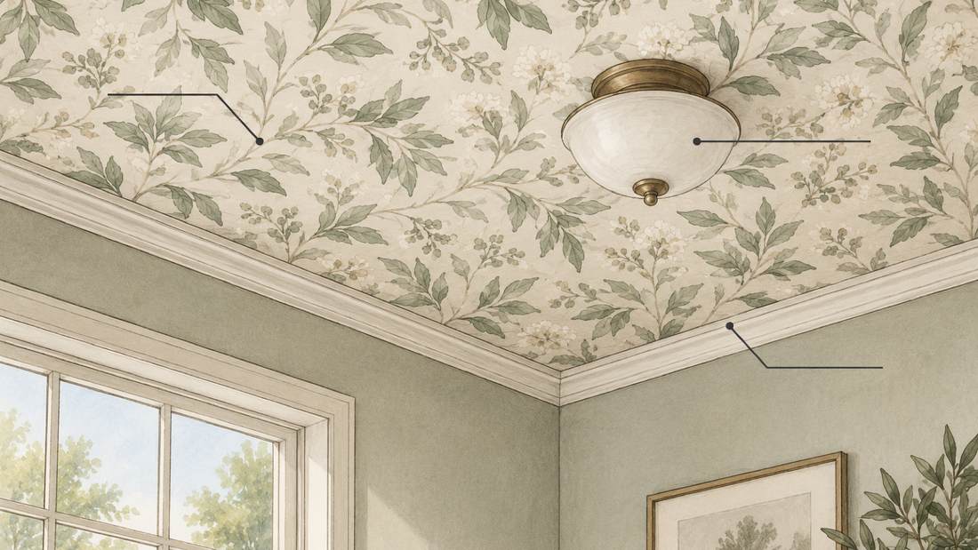 Ceiling wallpaper planning illustration with a light fixture, perimeter trim, and botanical pattern
