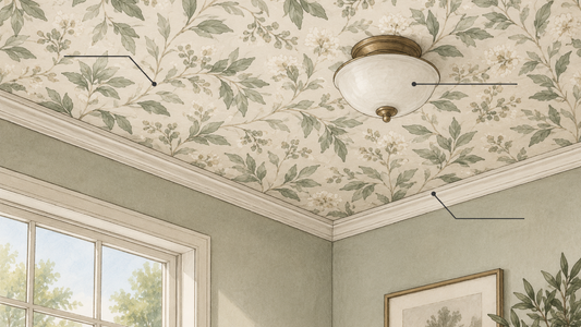 Ceiling wallpaper planning illustration with a light fixture, perimeter trim, and botanical pattern