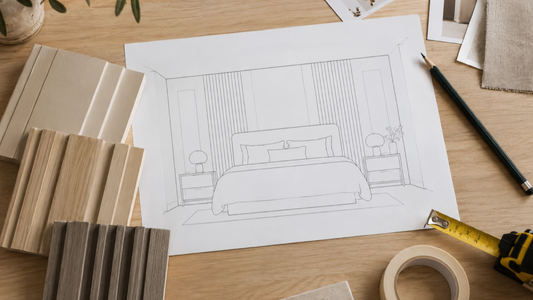 Panel profile samples beside a bedroom wall drawing with a bed, headboard and nightstands