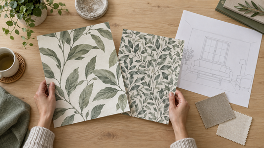 Adult comparing two loose botanical-pattern samples with different leaf scale beside an unlabeled wall sketch