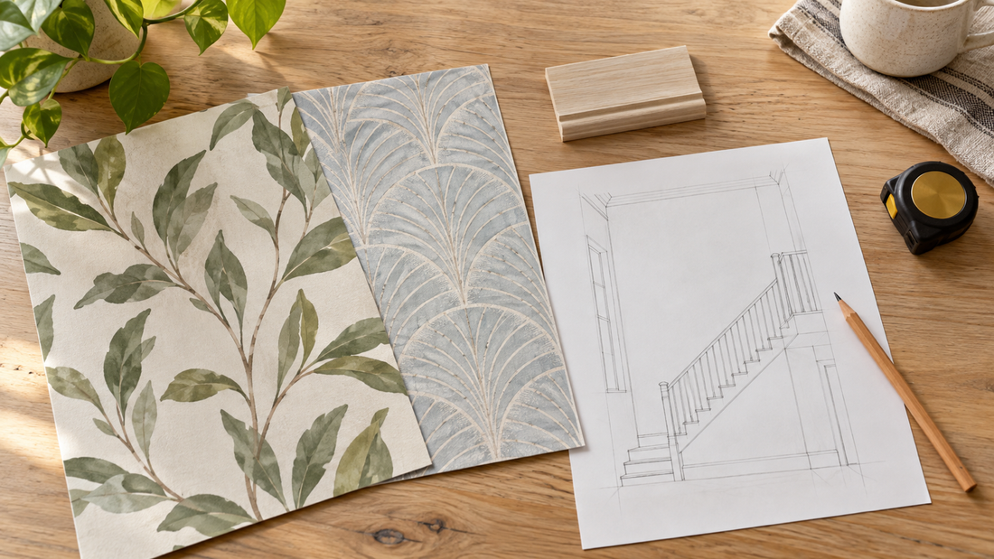 Generic wallpaper samples beside an unlabeled staircase wall elevation and a wood trim swatch