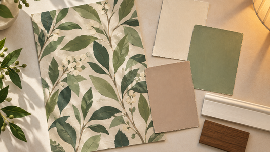 Illustrated botanical wallpaper sample beside cream, muted green, and clay paint cards with white trim and a wood finish chip