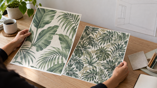 Adult comparing loose tropical wallpaper samples with different foliage density beside a wall sketch