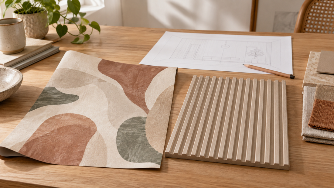Loose wallpaper and decorative wall panel samples beside an unlabeled room sketch