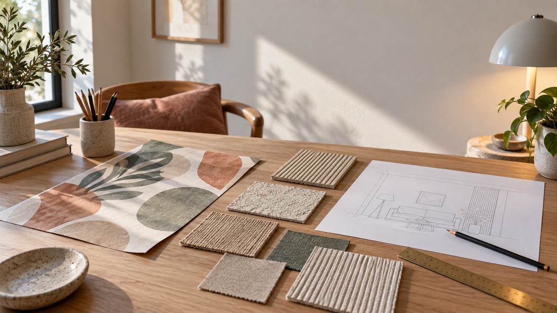 Wallpaper sample, neutral relief swatches and a wall elevation drawing arranged on a wood table