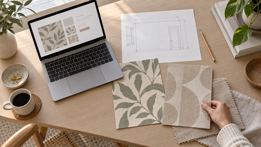 Loose botanical and geometric wallpaper samples beside a wall sketch and an online listing on a laptop