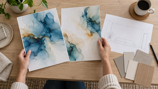 Adult comparing two loose alcohol-ink-style wall design samples beside a blank wall sketch