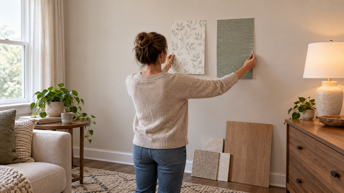 Adult holding two loose wallpaper samples against a plain wall in daylight and lamplight