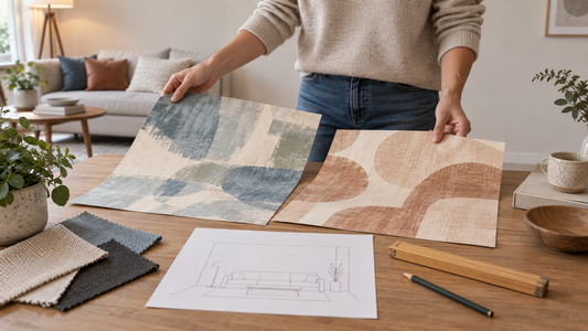 Adult comparing two wallpaper samples with a living room wall sketch and fabric swatches