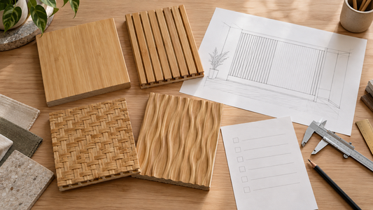 Generic wall panel profile samples and a blank planning checklist beside an unlabeled wall drawing