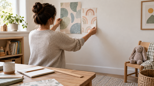 Adult comparing two abstract wallpaper samples against a painted wall in a child's room