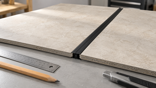Two beige bamboo charcoal panel samples dry-fitted around a black H-shaped connector profile beside a ruler and pencil