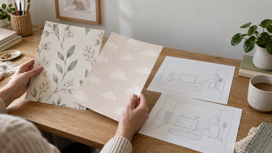 Adult comparing loose nursery wallpaper samples beside two furniture layout sketches on a table