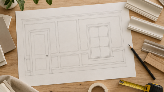 Editorial wall-panel planning illustration with a measured door, window, trim profiles, pencil, and tape measure