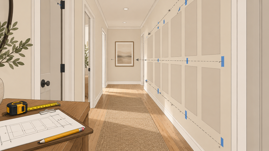Editorial hallway planning illustration with door openings, a measured panel field, sightline arrows, and a tape measure