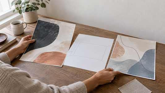 Adult comparing two loose abstract mural samples beside a wall proportion sketch