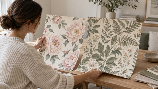 Two wallpaper samples compared, one flower-led and one leaf-led botanical design