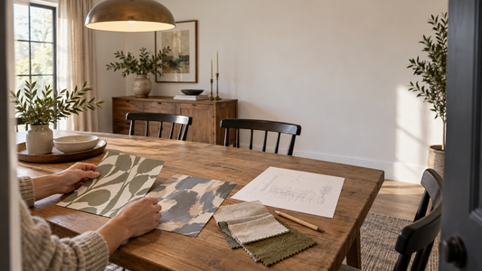 Adult comparing two wallpaper samples with a dining room wall sketch and fabric swatches