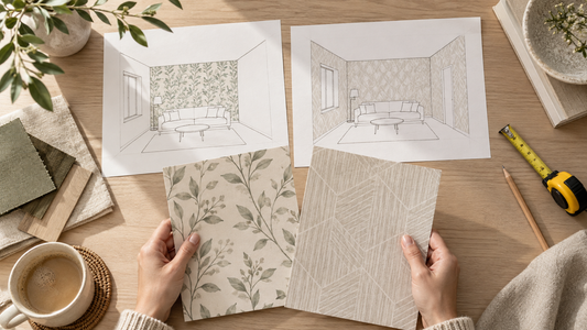Adult comparing botanical and geometric wallpaper samples beside one-wall and full-room sketches