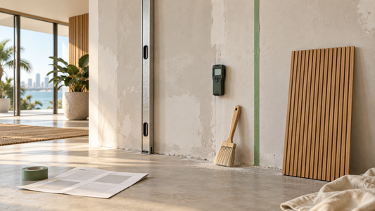 Unfinished wall checked with a straightedge and moisture meter beside a dust brush, layout tape, plans, and a bamboo panel sample