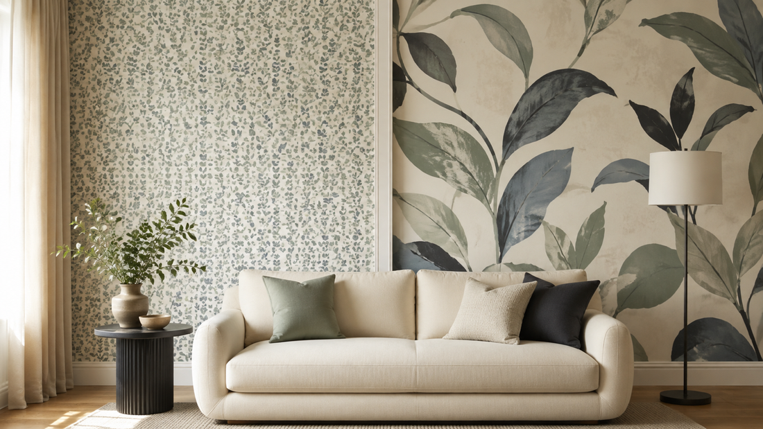 Small repeating and oversized botanical wallpaper patterns compared in one living room