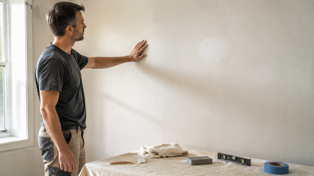 Person checking a clean repaired wall before wallpaper installation