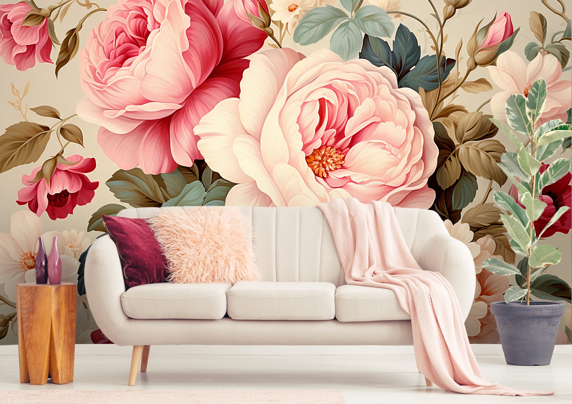 Vintage-inspired Pink Rose Peel and Stick Mural