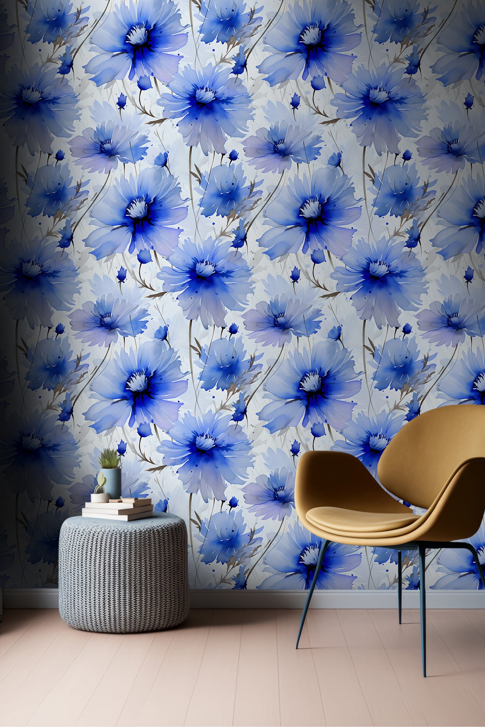 Timeless Blue Watercolor Floral Mural