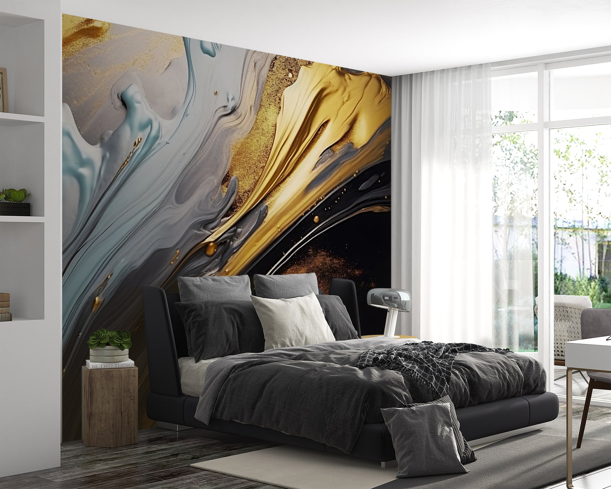 Self-Adhesive Gold and Black Paint Wall Mural for Stylish Interiors