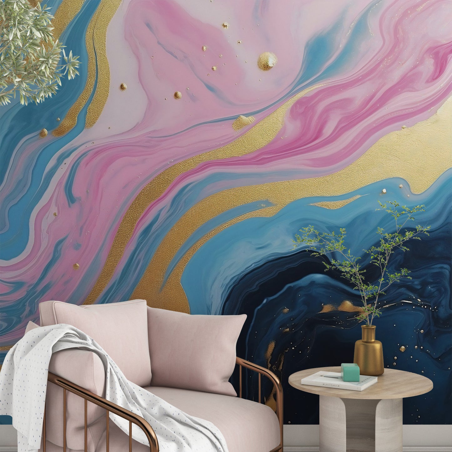 Captivating Abstract Wall Paper with Blue, Pink, and Gold Mural Design