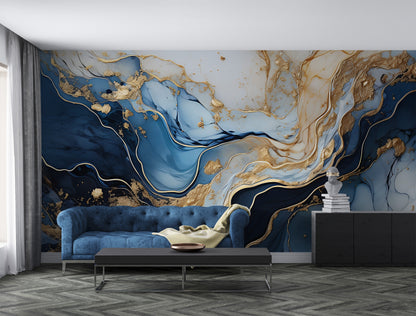 Peel and Stick Blue and Gold Wall Mural - Fluid Art Elegance