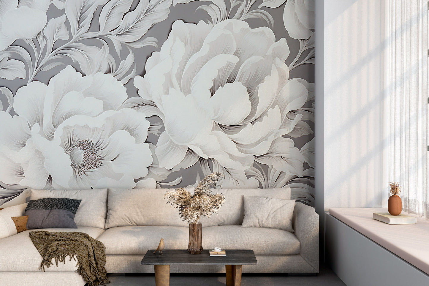 Grey Wall Mural with White Peony Accents