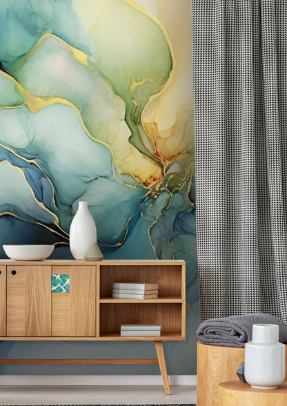 Vibrant Blue, Green, and Gold Wallpaper Mural