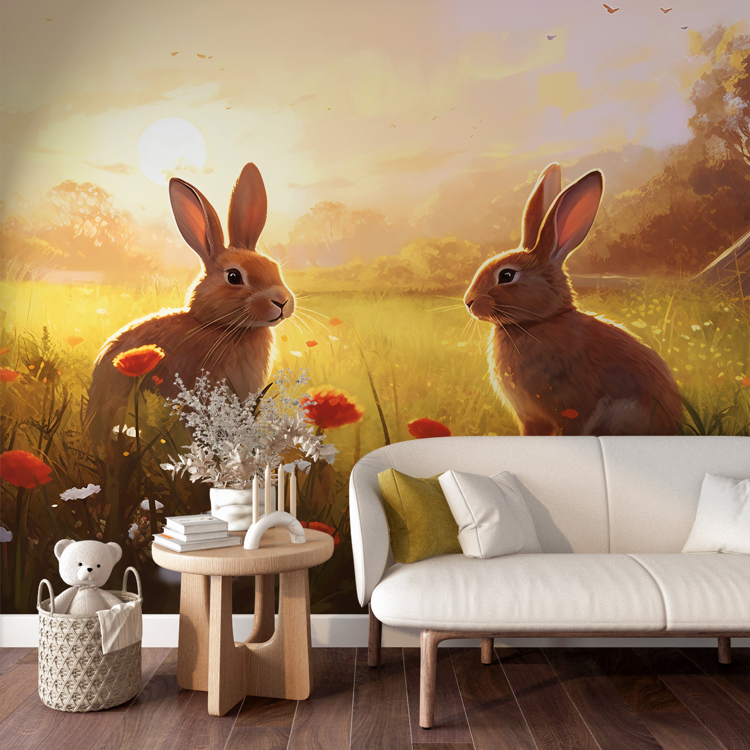 Rabbits in a Meadow Mural | Animal Removable Mural for Kids’ Room ...