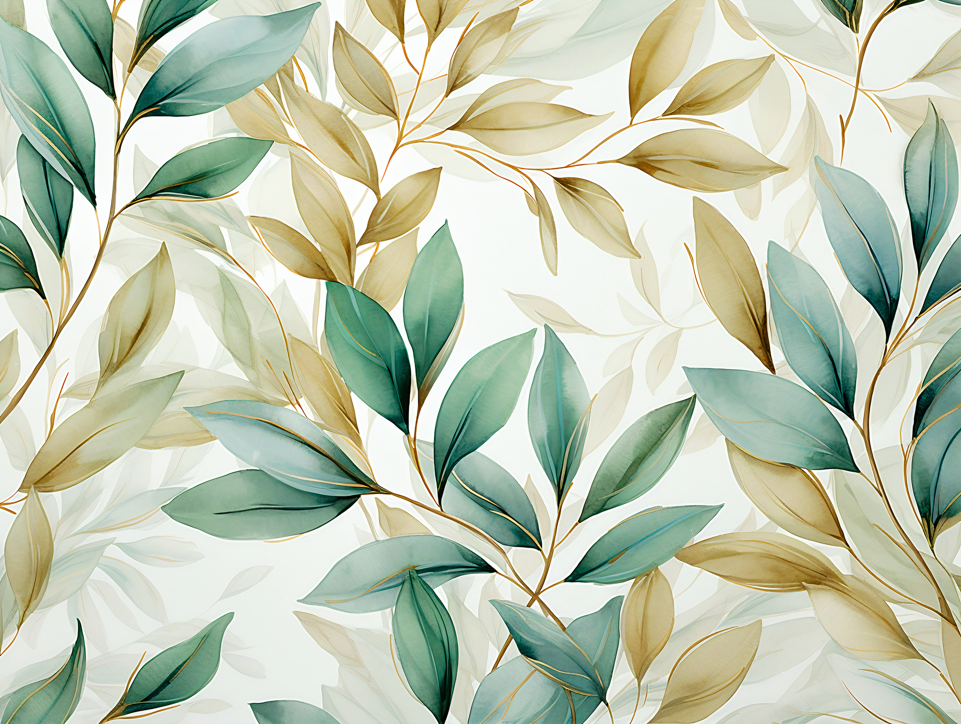Botanical Green Mural with Gold Plant Accents