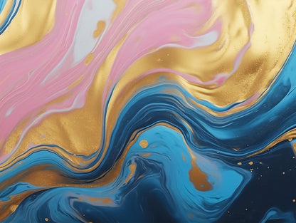 Abstract Liquid Wall Paper with Vibrant Blue, Pink, and Gold Design